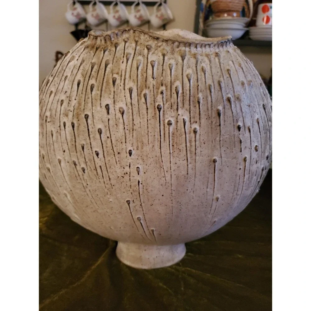 MCM 70s Round Ceramic Vase with Textured Drip‎ Design, Signed Pottery Decor